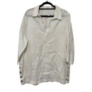 Sigrid Olsen EUC 100% linen split neck pop over top with mother of pearl buttons